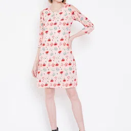 Deewa Women Peach-Coloured & Red Cold-Shoulder Floral Printed A-Line Dress image 5