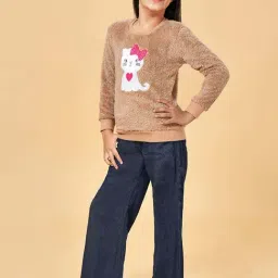 YU by Pantaloons Kids Khaki Embroidered Full Sleeves Sweater-image-0