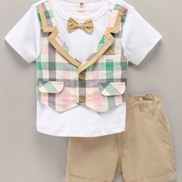 ToffyHouse Half Sleeves Checks Party T-Shirt With Shorts - Beige White-picture-27