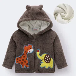 Kookie Kids Full Sleeves Hooded Winter Fur Jacket with Giraffe & Elephant Patch & 3D Applique - Grey-image-85