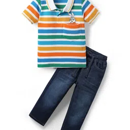 Babyhug Single Jersey Knit Half Sleeves Polo T-Shirt & Jeans with Stripes & Bunny Print - Blue & White-picture-16