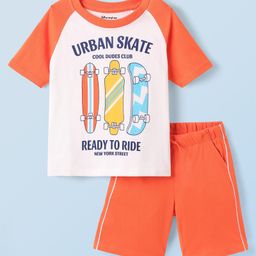 Honeyhap Premium 100% Cotton Knit Half Raglan Sleeves Shorts Night Suit with Bio Finish & Skating Print - Bright White & Firecracker-picture-18
