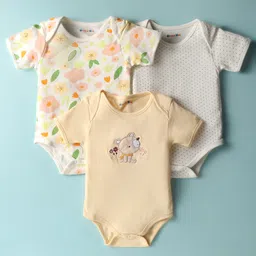 kookie kids india Kookie Kids Interlock Knit Half Sleeves Floral Printed & Animal Embroidered Onesies Pack of 3 - White & Yellow-picture-27