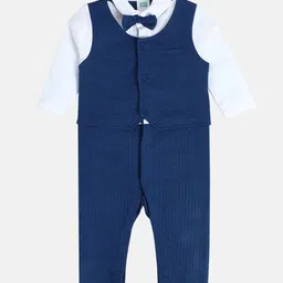 MINI KLUB Full Sleeves Solid Romper With Bow & Attached Shirt - Navy Blue-picture-22