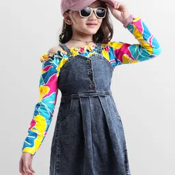 Ollington St. Cotton Full Sleeves Floral Printed Inner Top & Denim Pinafore - Blue-picture-14