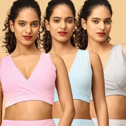 The Mom Store Cotton Knit Pack Of 3 Solid Maternity Nursing Sleep Bras - Grey Pink & Blue-picture-13
