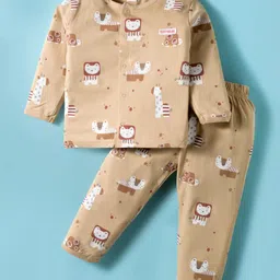 ToffyHouse Cotton Knit Full Sleeves Co-ords Night Suit With Animals Print - Beige-image-53