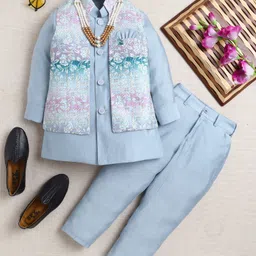 Ahhaaaa Viscose Woven Full Sleeves Solid Kurta Pant With Floral Printed Nehru Jacket & Mala Set - Blue-picture-18