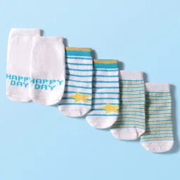 Cute Walk by Babyhug Knit Ankle Length Anti Bacterial Socks with Text & Stripe Design Pack of 3 - White & Light Blue-picture-15
