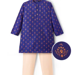 Pine Kids Woven Full Sleeves Kurta Pajama Set With Floral Foil Print - Royal Blue-picture-13