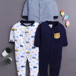 BUMZEE Cotton Knit Full Sleeves Footed Sleepsuits with Stripes & Vehicle Print Pack of 3 - White & Navy Blue-picture-13