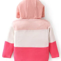 Babyhug Knitted Full Sleeves Front Open Hooded Striped Sweater With Applique - Pink image 2