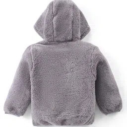 Babyhug Woven Full Sleeves Front Open Hooded Fur Jacket With Bear Embroidery Detailing - Grey image 2