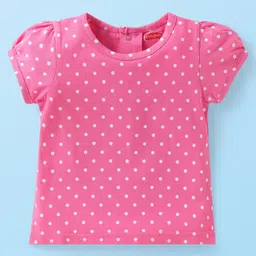 Babyhug Single Jersey Knit Dungaree & Half Sleeves T-Shirt With Floral & Polka Dot Print - White & Pink image 2
