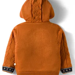 Yellow Apple Full Sleeves Front Open Hooded Sweater With Cable Knit Design - Rust Orange image 2