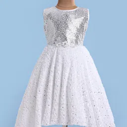 Enfance Sequins Embellished Knee Length Dress With Full Sleeves Floral Applique Detailed Shrug Set - White image 2