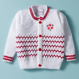 BUMZEE Knit Full Sleeves Cable Knit Design Solid Color Front Open Sweater with Cap & Booties - Maroon & White image 2