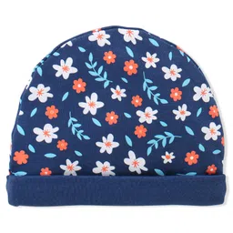 Babyhug 100% Cotton Knitted Cap Mittens & Booties with Floral Print- Blue image 3