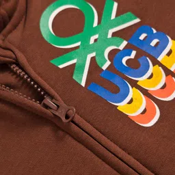 UCB Fleece Knit Full Sleeves Front Open Hooded SweatJacket with Brand Name Print & Kangaroo Pockets - Brown image 3