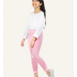 Ariel Cotton Knit Pack Of 2 Striped & Cute Bunny Printed Leggings - Pink & Black image 4