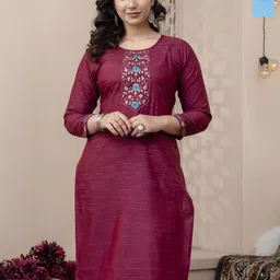 AUZAAI COLLECTION Selection Of 2 Floral Embroidered Thread Work Straight Cotton Kurtas-picture-30