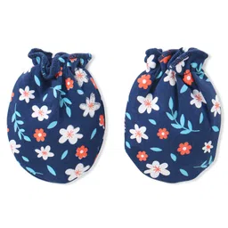 Babyhug 100% Cotton Knitted Cap Mittens & Booties with Floral Print- Blue image 4