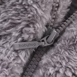 Babyhug Woven Full Sleeves Front Open Hooded Fur Jacket With Bear Embroidery Detailing - Grey image 4