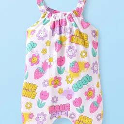 Babyhug Single Jersey Knit Dungaree & Half Sleeves T-Shirt With Floral & Polka Dot Print - White & Pink image 4