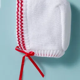 BUMZEE Knit Full Sleeves Cable Knit Design Solid Color Front Open Sweater with Cap & Booties - Maroon & White image 4