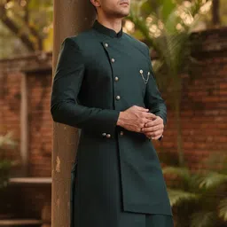 KISAH Men Green Solid Kurta Indowestern Sherwani Trouser Set-picture-20