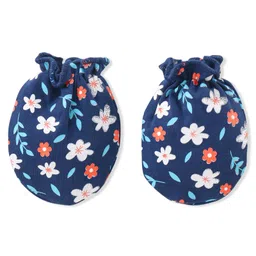 Babyhug 100% Cotton Knitted Cap Mittens & Booties with Floral Print- Blue image 5