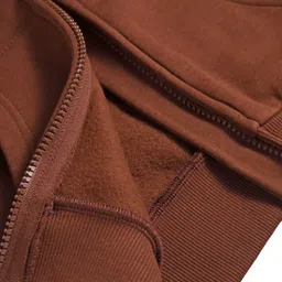 UCB Fleece Knit Full Sleeves Front Open Hooded SweatJacket with Brand Name Print & Kangaroo Pockets - Brown image 5