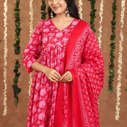 SRF JAIPUR Women Floral Printed Regular Pure Cotton Kurta with Trousers & With Dupatta image 2