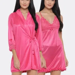 Clovia Pink Lace Night Dress With Robe-image-19