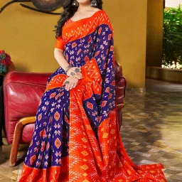 Satrani Blue & Orange Cotton Printed Saree With Unstitched Blouse image 4