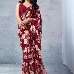 Satrani Maroon Floral Print Saree With Unstitched Blouse image 4