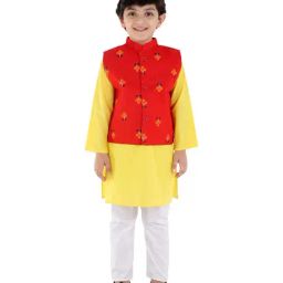 Ahhaaaa Kids Red & Yellow Cotton Floral Print Kurta Set-picture-13
