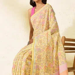 Taneira Yellow Printed Saree With Unstiched Blouse image 4
