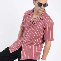 SHOWOFF Pink Cotton Relaxed Fit Stripes Shirt-image-51