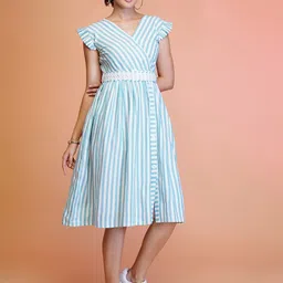 YANAMORA Women Striped Flutter Sleeve Fit & Flare Dress-picture-18