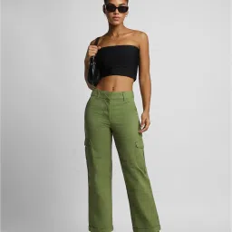 Forever 21 Olive Cotton Regular Fit Mid Rise Cargo Pants image 4