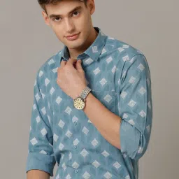 Cavallo By Linen Club Blue Linen Slim Fit Printed Shirt image 4