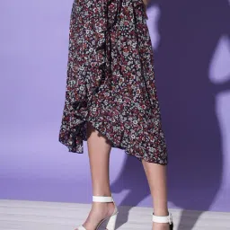 Trend Arrest Black & Brown Floral Print A-Line Wrap Skirt image 3