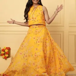TeenTrums Girls Yellow Georgette Regular Fit Printed Top & Skirt Set-image-40