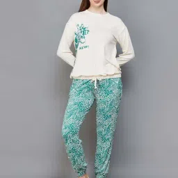 Ginger by Lifestyle Cream & Green Printed Sweatshirt Pyjama Set-image-46