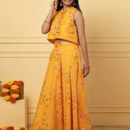 TeenTrums Girls Yellow Georgette Regular Fit Printed Top & Skirt Set image 3