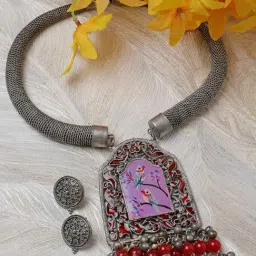 Moedbuille Handpainted Meenakari Work Tasselled Design Oxidised Silver Plated Antique Jewellery Set-image-24