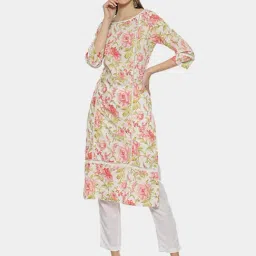 Biba White & Pink Cotton Floral Print Straight Kurta-image-10