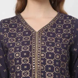 R&B Navy Rayon Printed Kurta image 5