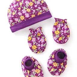 Babyhug 100% Cotton Knit Floral Print Cap Mittens & Booties - Purple-image-88